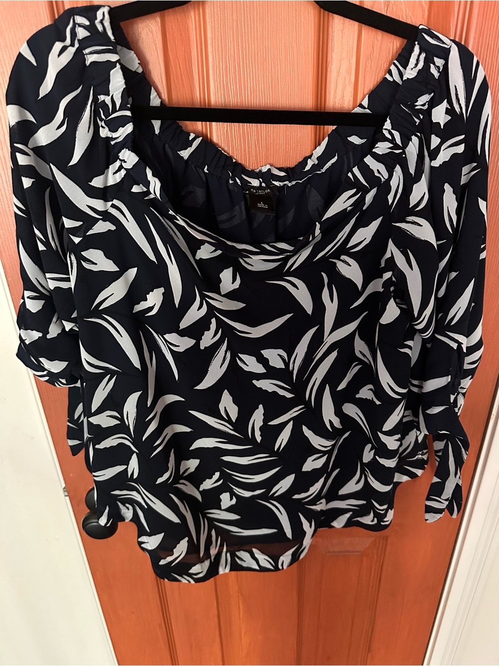 Ann Taylor Navy and White Leaf-Print Tie-Sleeve Blouse
